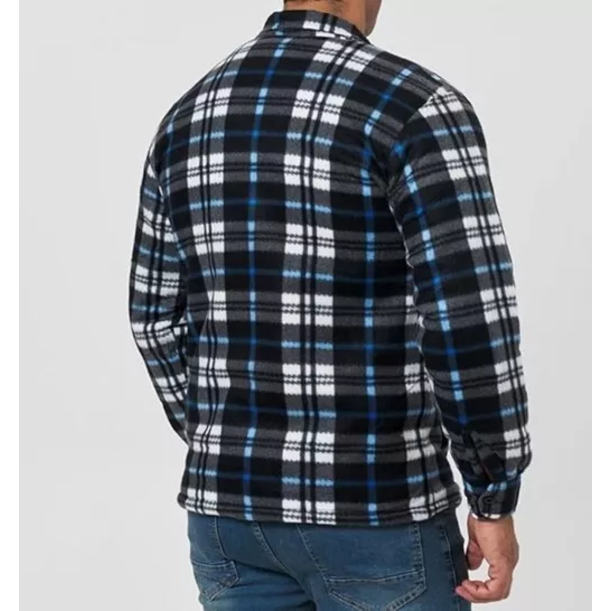 Men's zipped check fleece shirt in royal blue and white plaid pattern, warm long sleeve overshirt with chest pockets